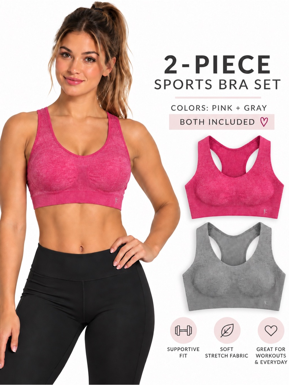 Danskin 2-Piece Sports Bra Set in Pink & Gray